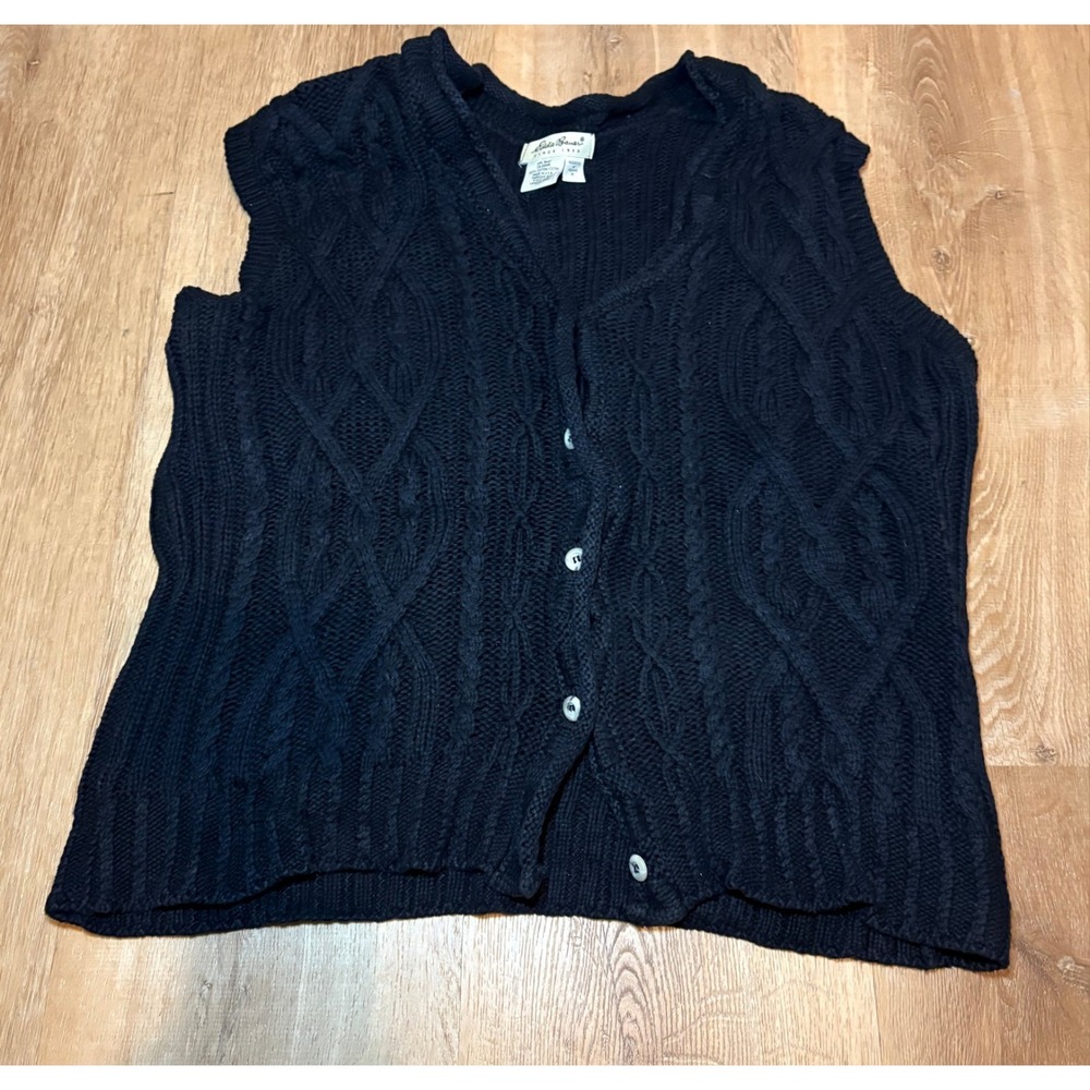 Eddie Bauer Vintage Black Cable Knit Sweater Vest Button Front Cotton Medium